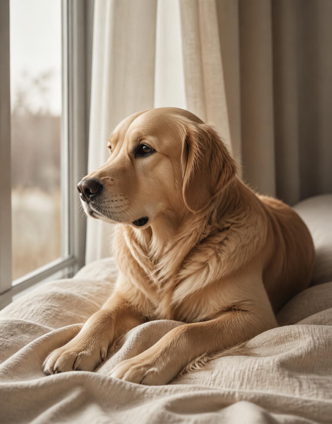 Cão descansando tranquilamente sobre um cobertor, próximo a uma janela com luz natural