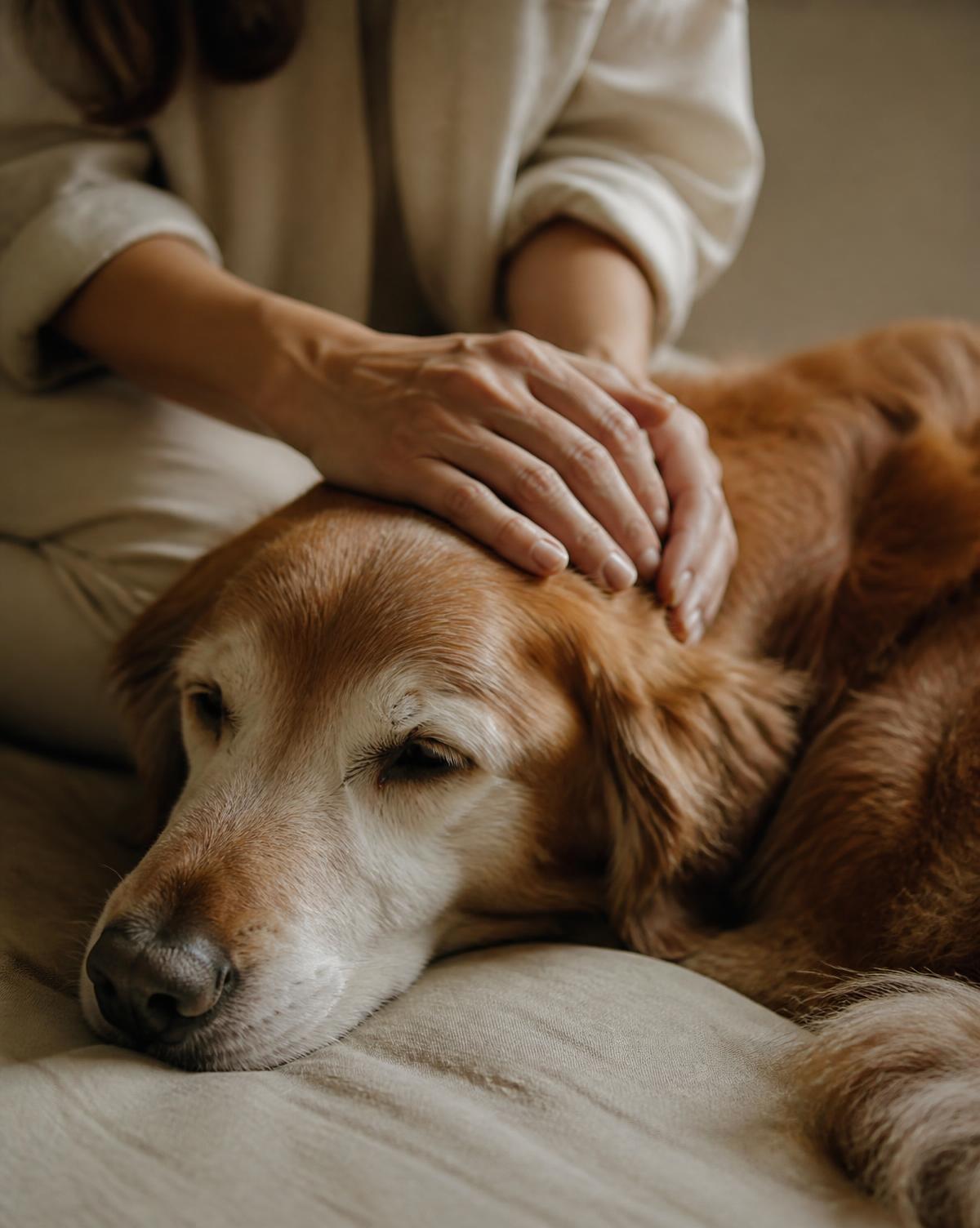 Mãos de uma tutora acariciando com carinho a cabeça de um cão idoso
